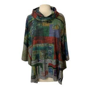 Inoah Art To Wear Abstract Print Cowl Neck Shawl Poncho Sweater Womens Medium